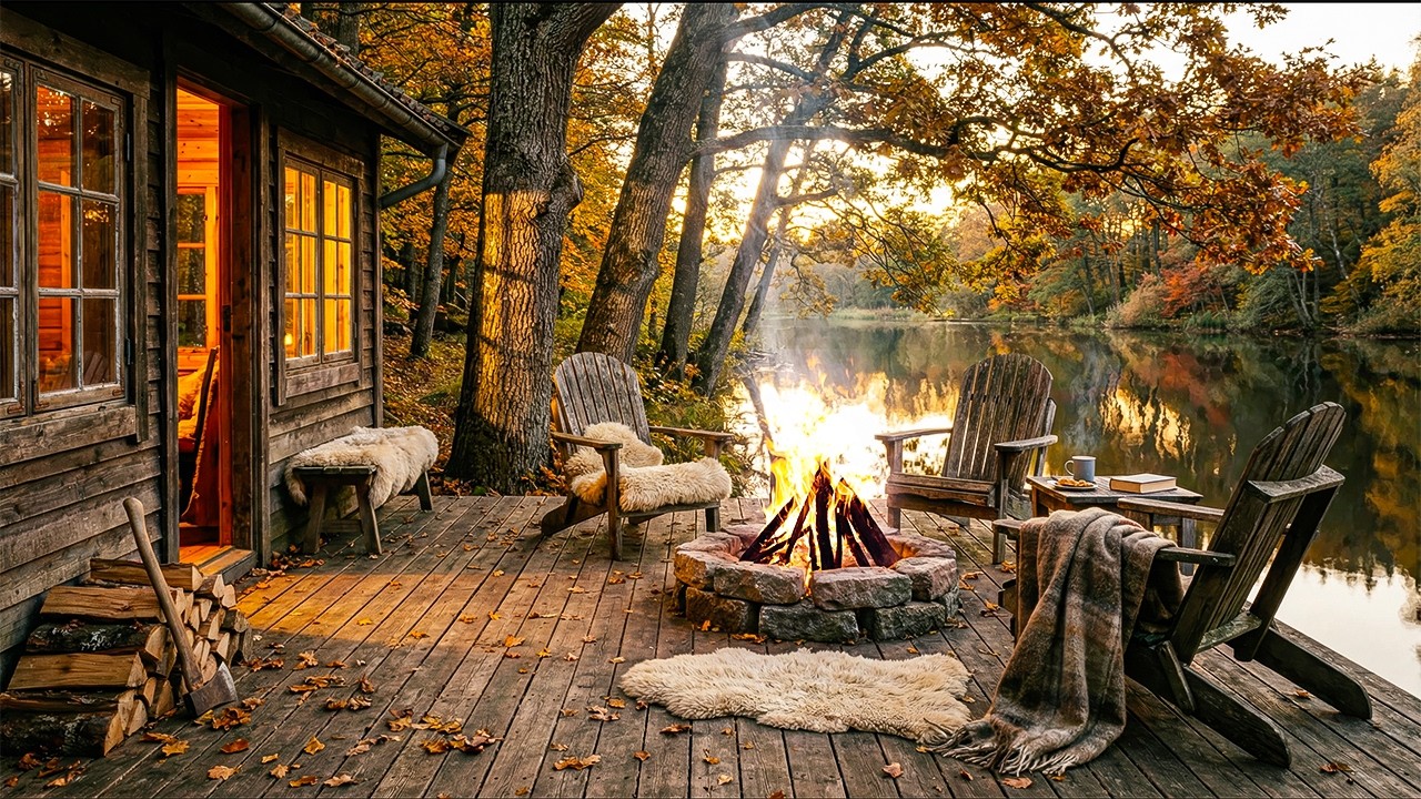 Riverside Cabin Atmosphere | Gentle River Flow, Warm Fire Sounds & Forest Ambience (Soft ASMR)