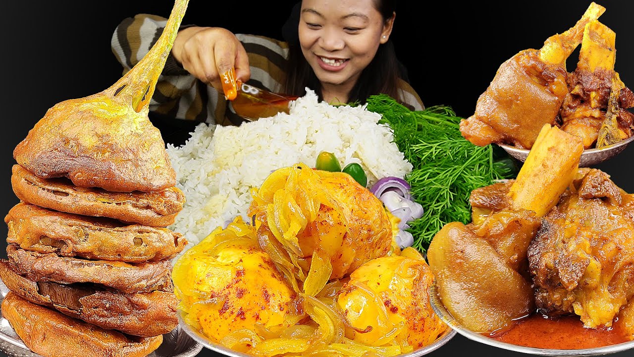 Eating Spicy Mutton Curry, Onion Stuffed Egg & Rice, Brinjal Pakauda, Mutton Gravy, Nepali Mukbang