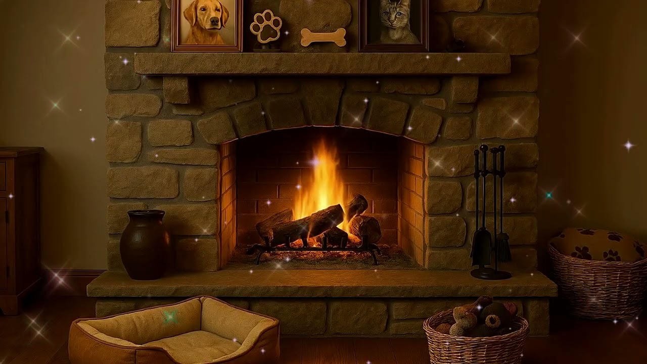 🐾🔥 Home Fireplace Ambience — Crackles | Soft Outside Wind | Relaxing Vibe 🔥🐾
