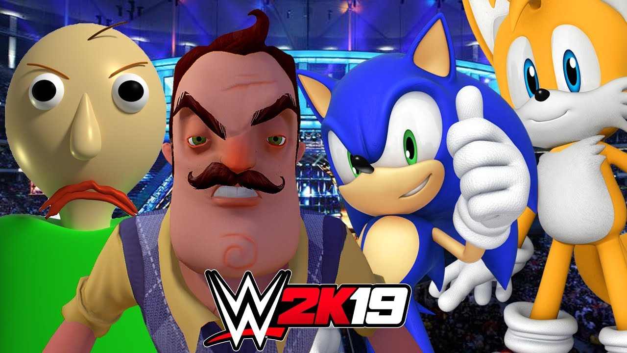 BALDI and HELLO NEIGHBOR vs SONIC and TAILS | WWE 2K19 Wrestlemania Tag Team Tournament