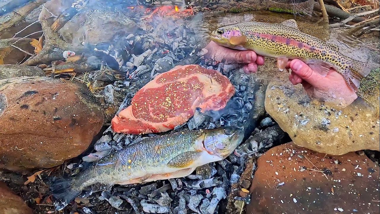 COOKING TROUT & STEAK on HOT COALS!! (Like The Outdoor Boys)