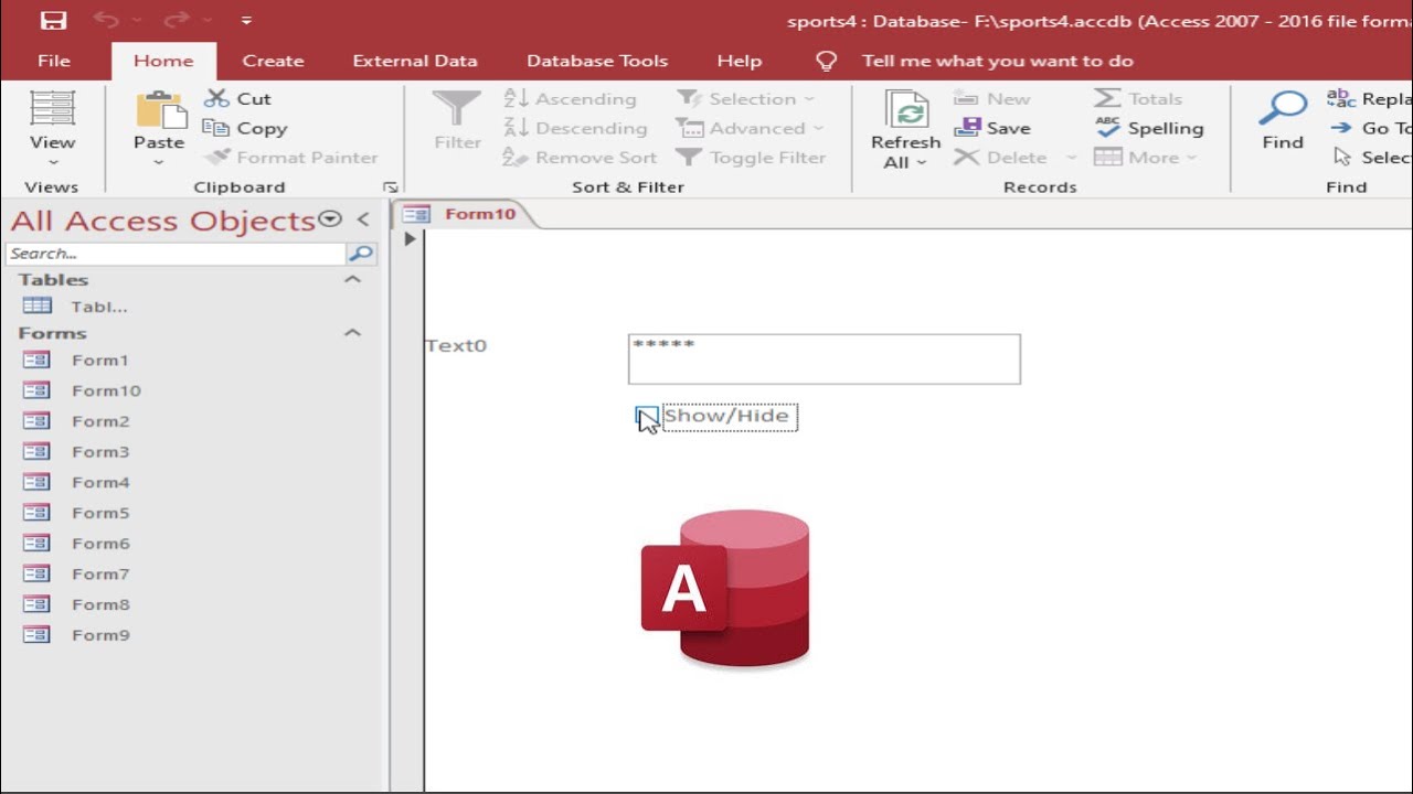 Show and hide password in TextBox forms access database using VBA