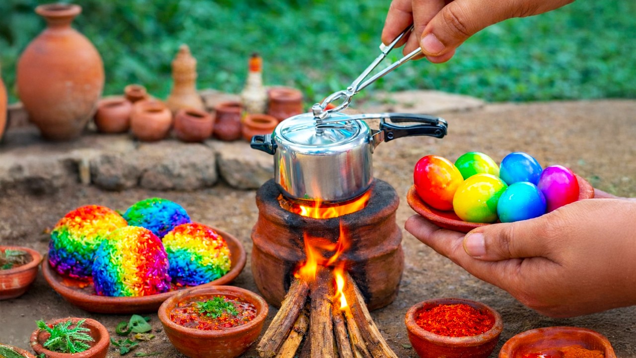 Miniature Rainbow Fried Egg with Spicy Sauce 🌈 ASMR Cooking Food