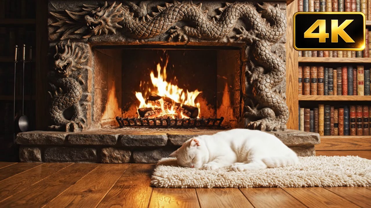 🔥 Cozy Cabin Fireplace & Sleeping Cat | Relaxing Fireplace Ambience