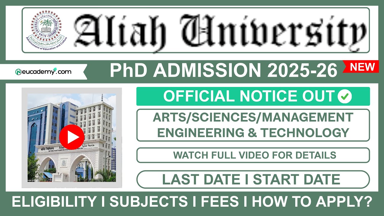 Aliah University PhD Admission 2025-26 | Eligibility, Subjects, Seats, Last Date, & How to Apply?