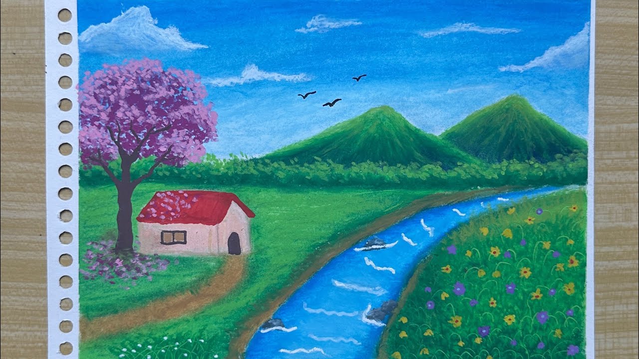 Menggambar pemandangan | cara menggambar pemandangan gunung, sungai dan rumah dengan oil pastels 
