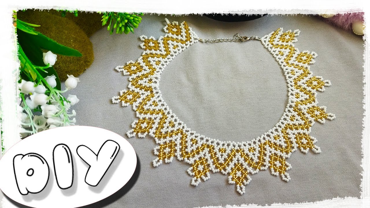 DIY БЕЛО-ЗОЛОТИСТОЕ КОЛЬЕ из бисера. Бисероплетение