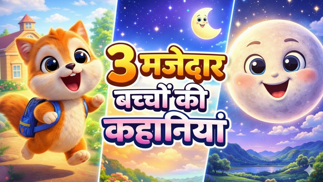 3 Hindi Kids Cartoon Stories 🐿️🌙 | नटखट गिलहरी स्कूल गई + चंदा मामा की सैर | Hindi Kids Compilation