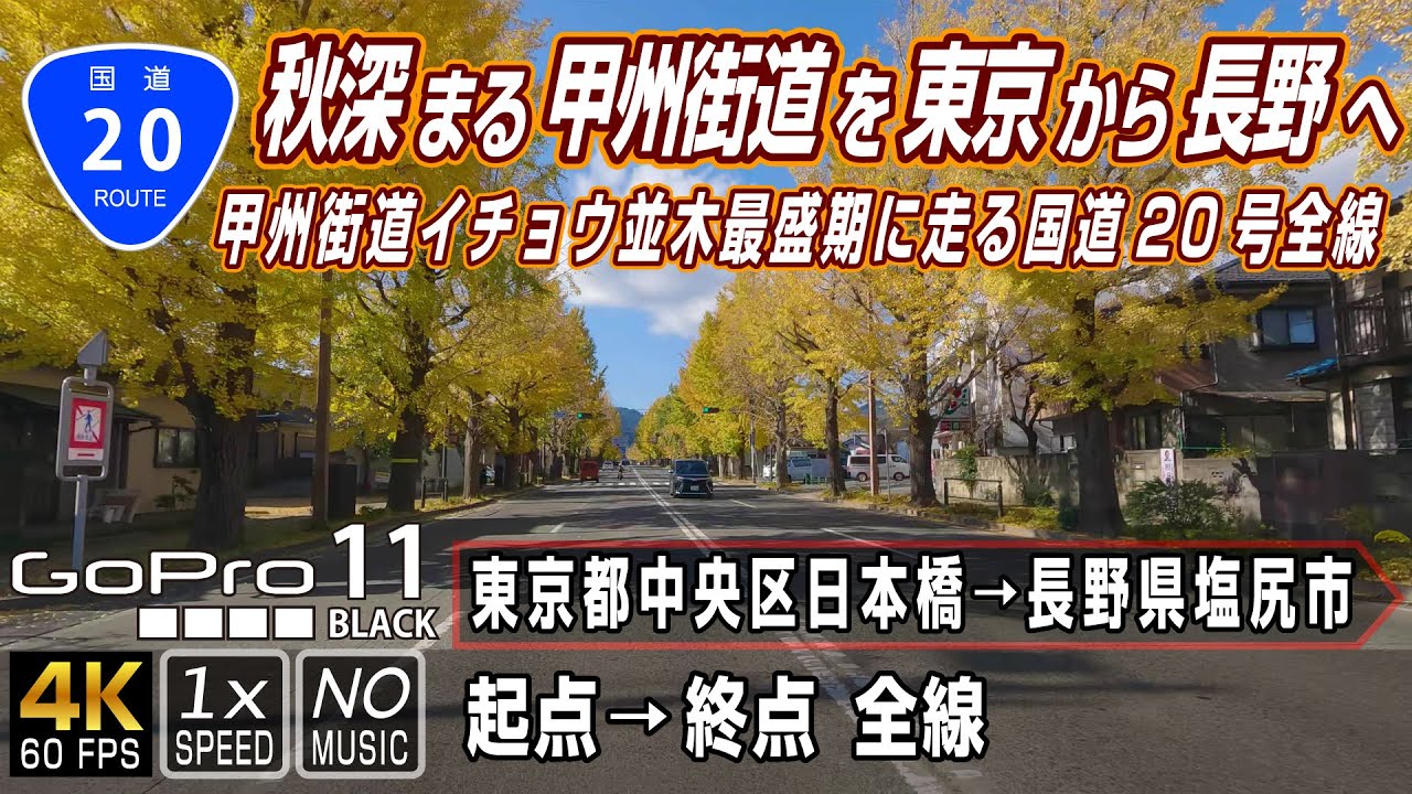 国道20号 | 秋深まる甲州街道を大月バイパスルートで東京から長野へ | 起点（東京都中央区）→ 終点（長野県塩尻市）全線 約220km | 車載動画
