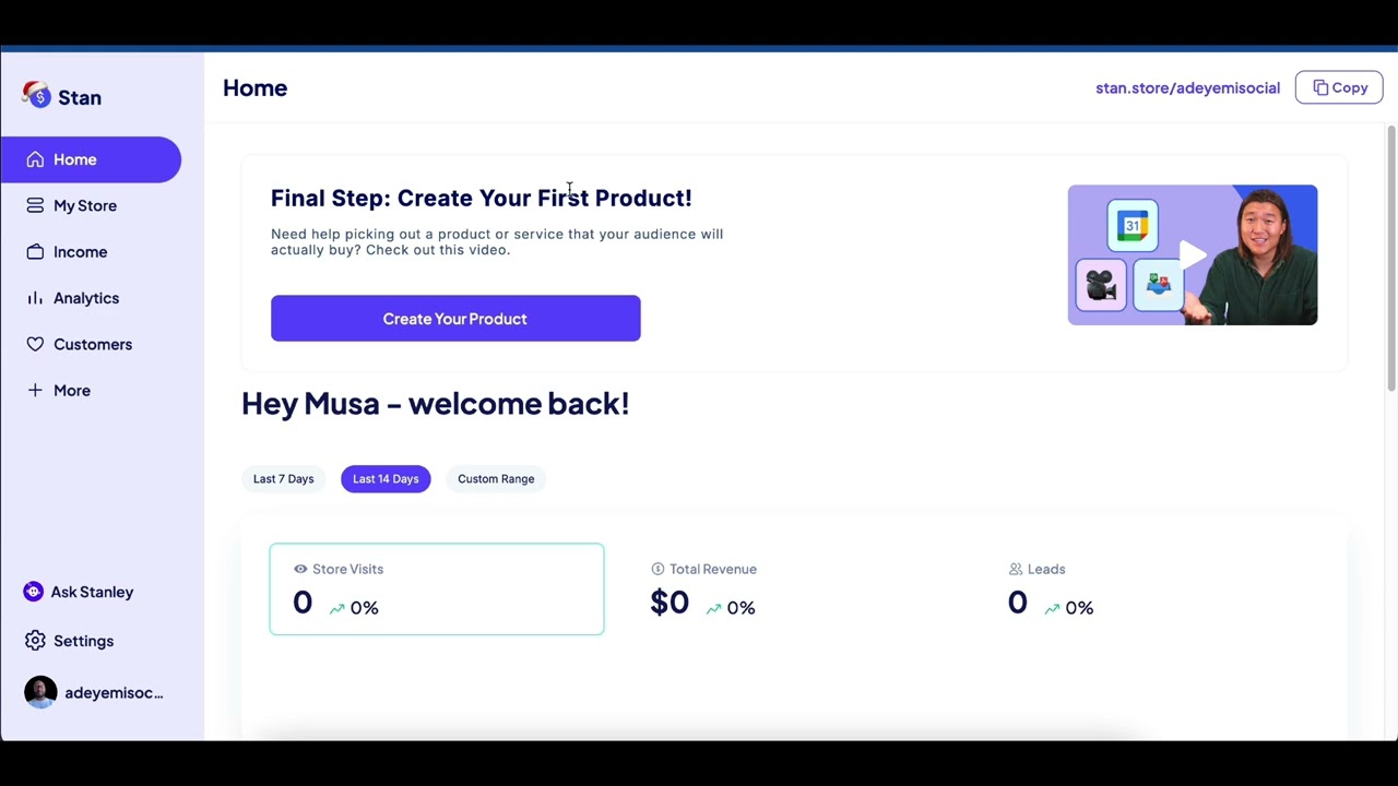 Overview of Stan Store's Home Tab For Selling Digital Products and Services