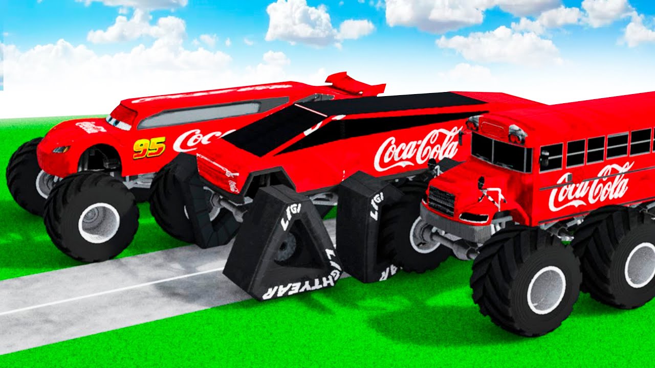 Tesla Cybertruck Transforming to GIANT COCA COLA McQueen vs Tesla vs BUS BIGFOOT BTR in Teardown!