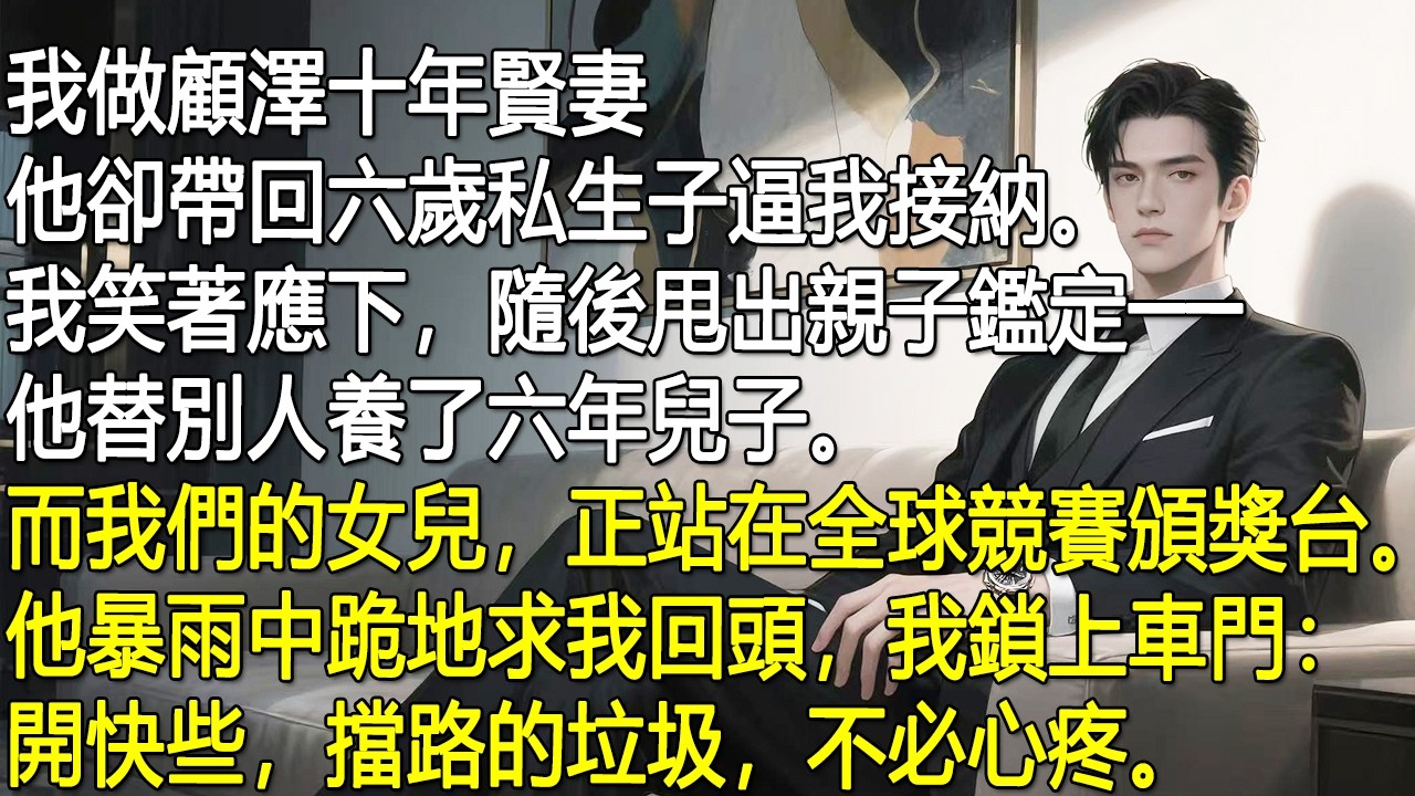 我做顧澤十年賢妻，他卻帶回六歲私生子逼我接納。我笑著應下，隨後甩出親子鑑定──他替別人養了六年兒子。而我們的女兒，正站在全球競賽頒獎台。他暴雨中跪地求我回頭，我鎖上車門：開快些，擋路的垃圾，不必心疼。