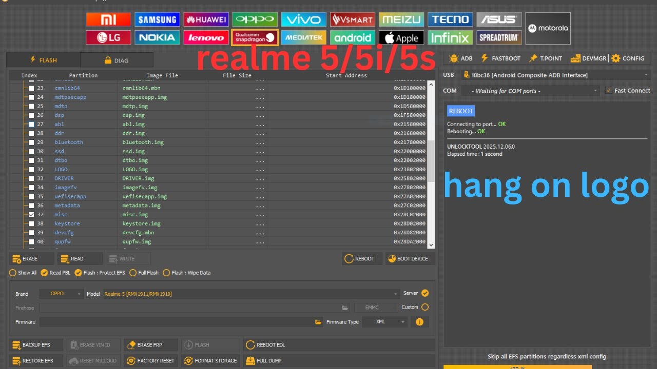 Realme 5 / 5i / 5s hang on logo / restart problem sloved without data loss by unlocktool