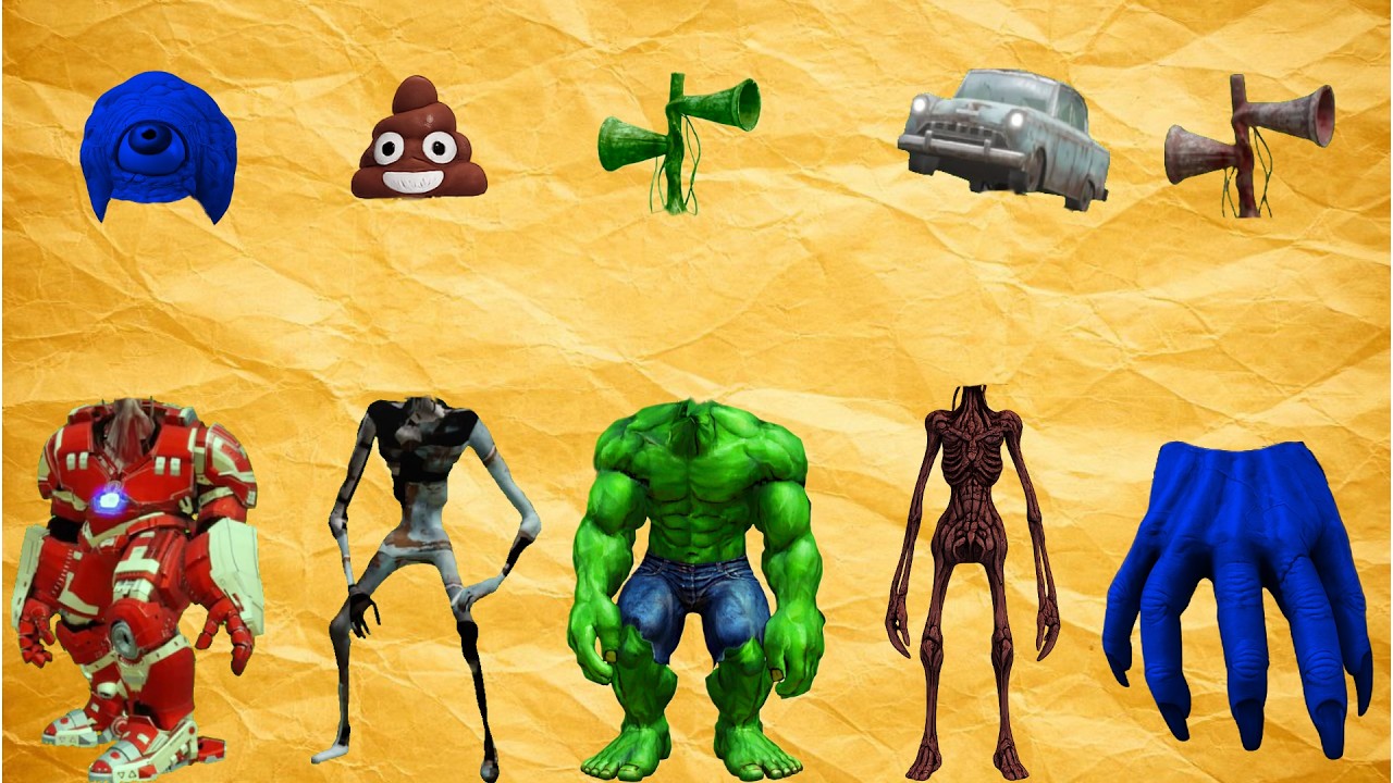 WRONG HEADS SIREN HEAD HULK BUSTER, SIREN HEAD CAR, SIREN HEAD HULK, SIREN HEAD POOP, BRAIN EYE