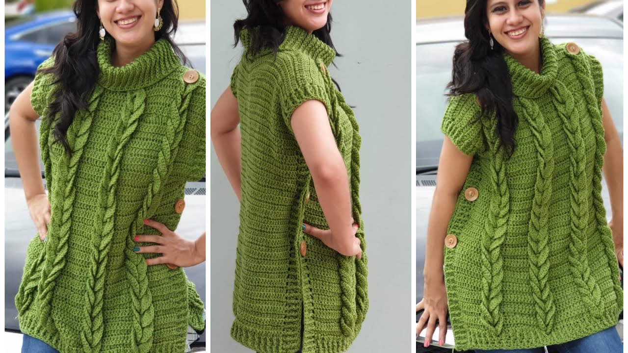 Poncho Chaleco de Trenzas con Cuello Alto Tejido en Crochet Paso a Paso