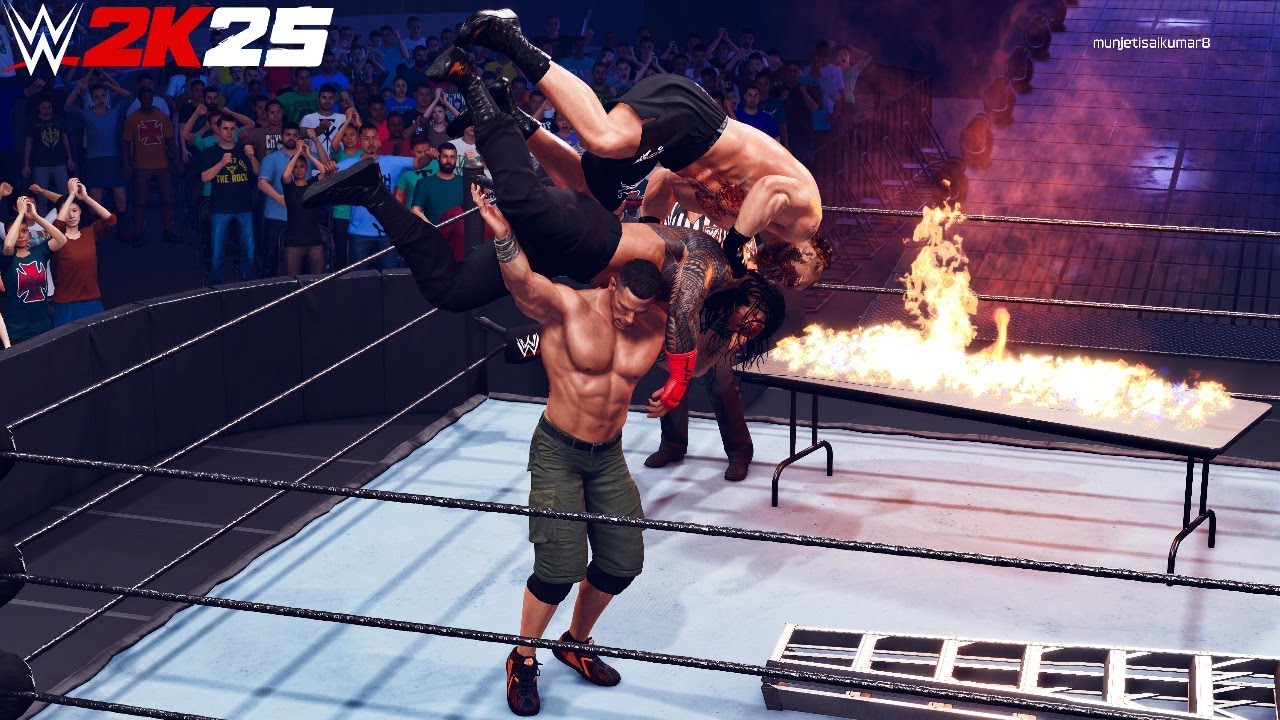 WWE 2k25 - JohnCena vs Roman Reigns vs Brock Lesnar: Extreme Rules Match at Smackdown 