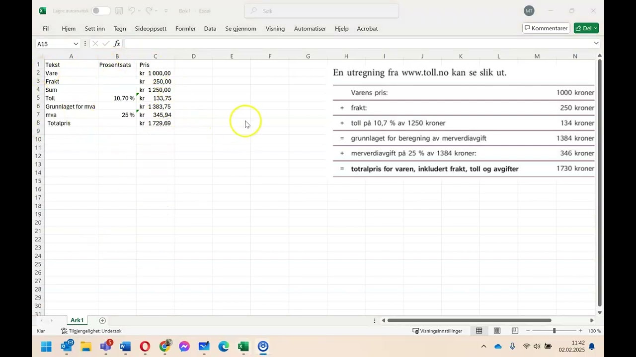 Excel: Utregning av toll og mva på varer fra utlandet