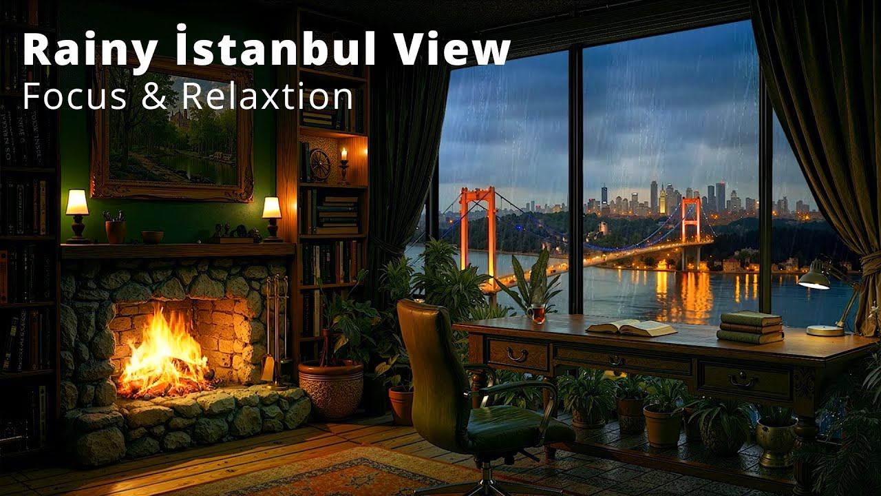 Rainy Evening in Istanbul 🌧️ Cozy Study Room, Fireplace &  Focus
