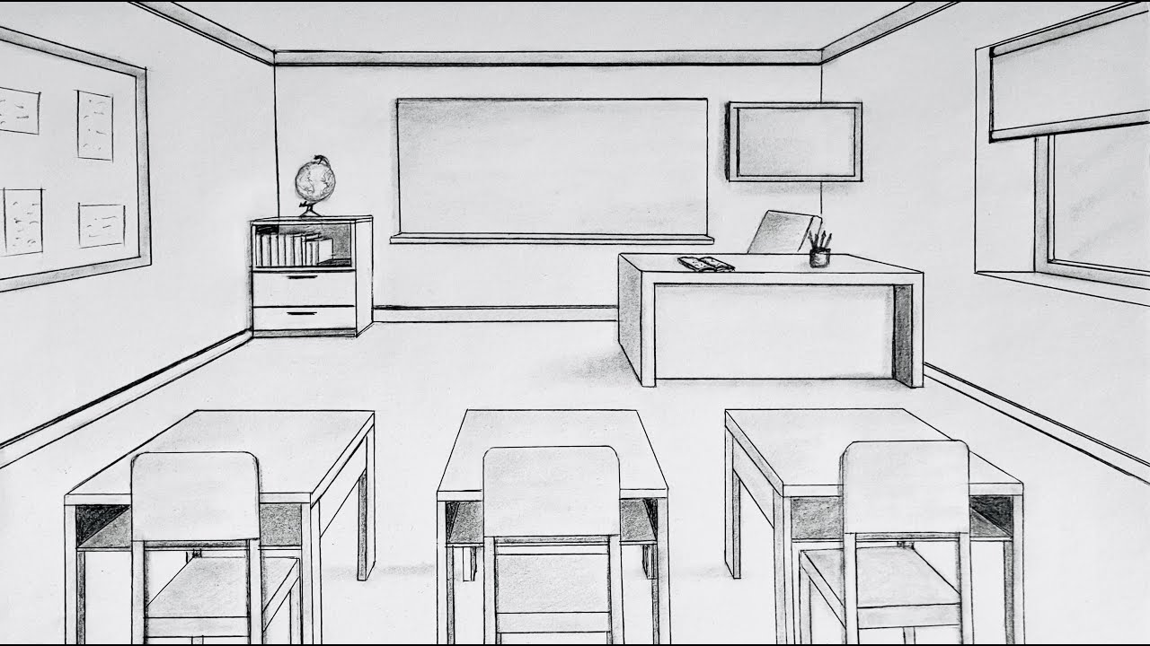 How to draw a classroom in one point perspective, timelapse