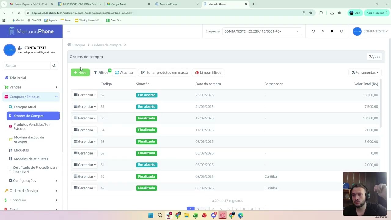 Entrada de XML na Ordem de compra
