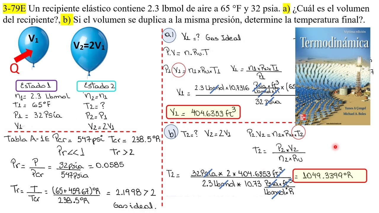 Termodinamica Cengel 3-79 7ma Edic. Aire. Gas Ideal. Recipiente Elastico. Hallar V1,T2. Ley Charles