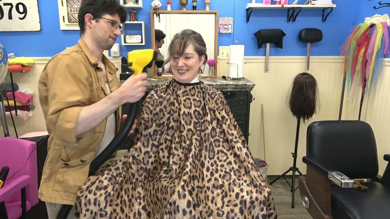 Hubby cutting my bangs/fringe with a Flowbee vacuum haircutting clipper system