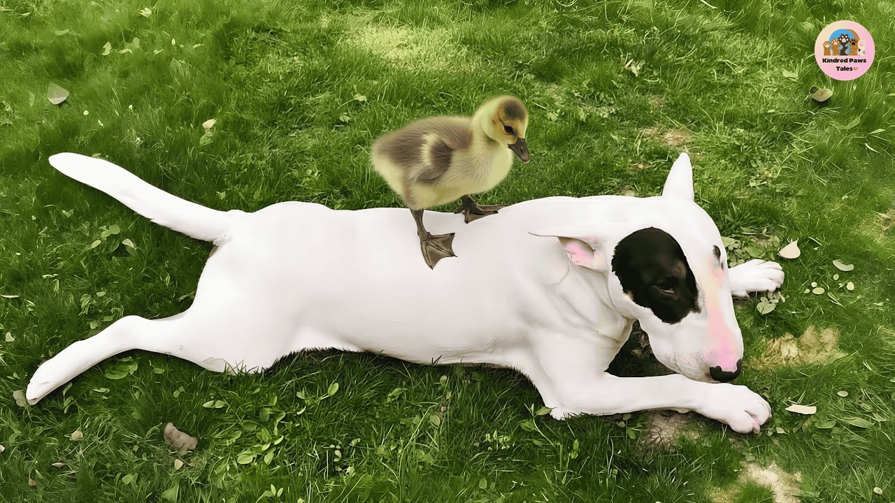 Baby Goose Climbs All Over Her Bull Terrier Brother to Wake Him Up