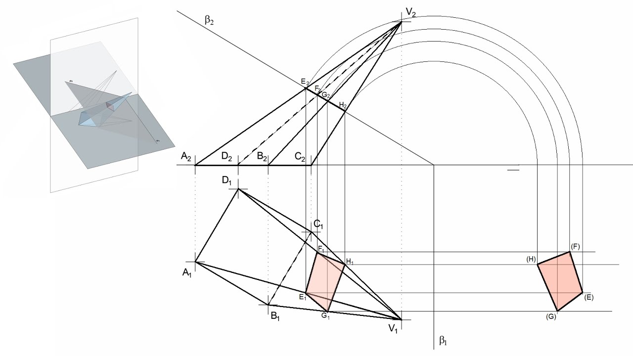 Seccion de piramide oblicua por plano proyectante en sistema diédrico