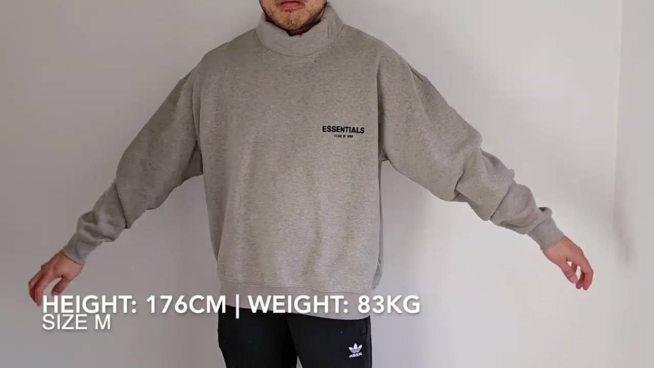 FEAR OF GOD ESSENTIALS Flocked Jersey Mock Neck Sweatshirt Oatmeal   Sizing Guide   HD 1080p