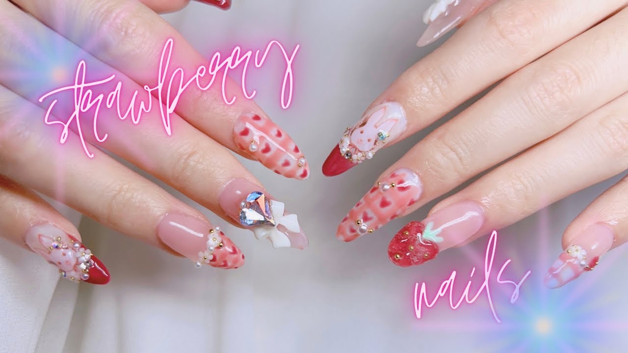 [cc] self nail | 🍓Strawberry Picnic🧺 Valentine’s Day nail art at home, Polygel extension, ASMR