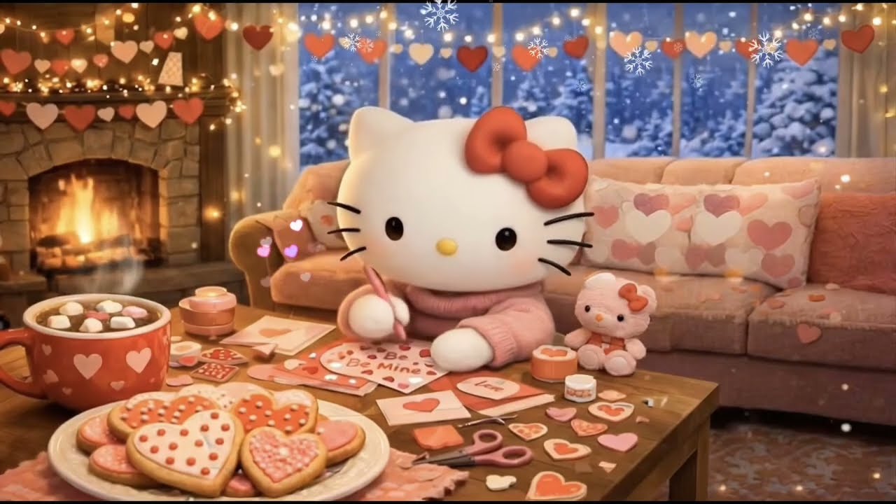 Hello Kitty Valentine’s Day Ambience 💕 Cozy Winter Room, Snowfall & Cute Love Vibes