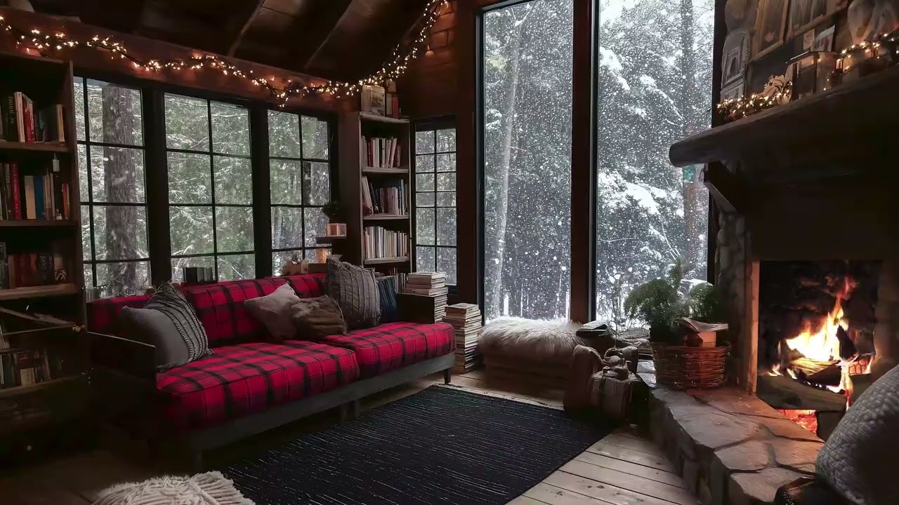 🔥🎹 Peaceful Winter Night Piano Lounge with Fire Sounds & Snowfall – Perfect for Sleep & Study