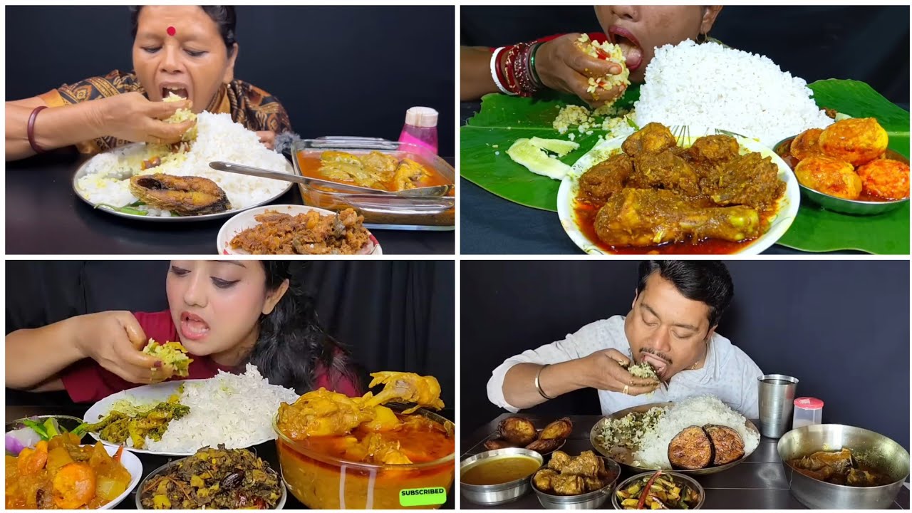 Asmr🔥Eating Illish Macher Jhol, Chicken Kosha, Ar Macher Jhol, Egg Curry, Begun Vaja, Dal with Rice😋