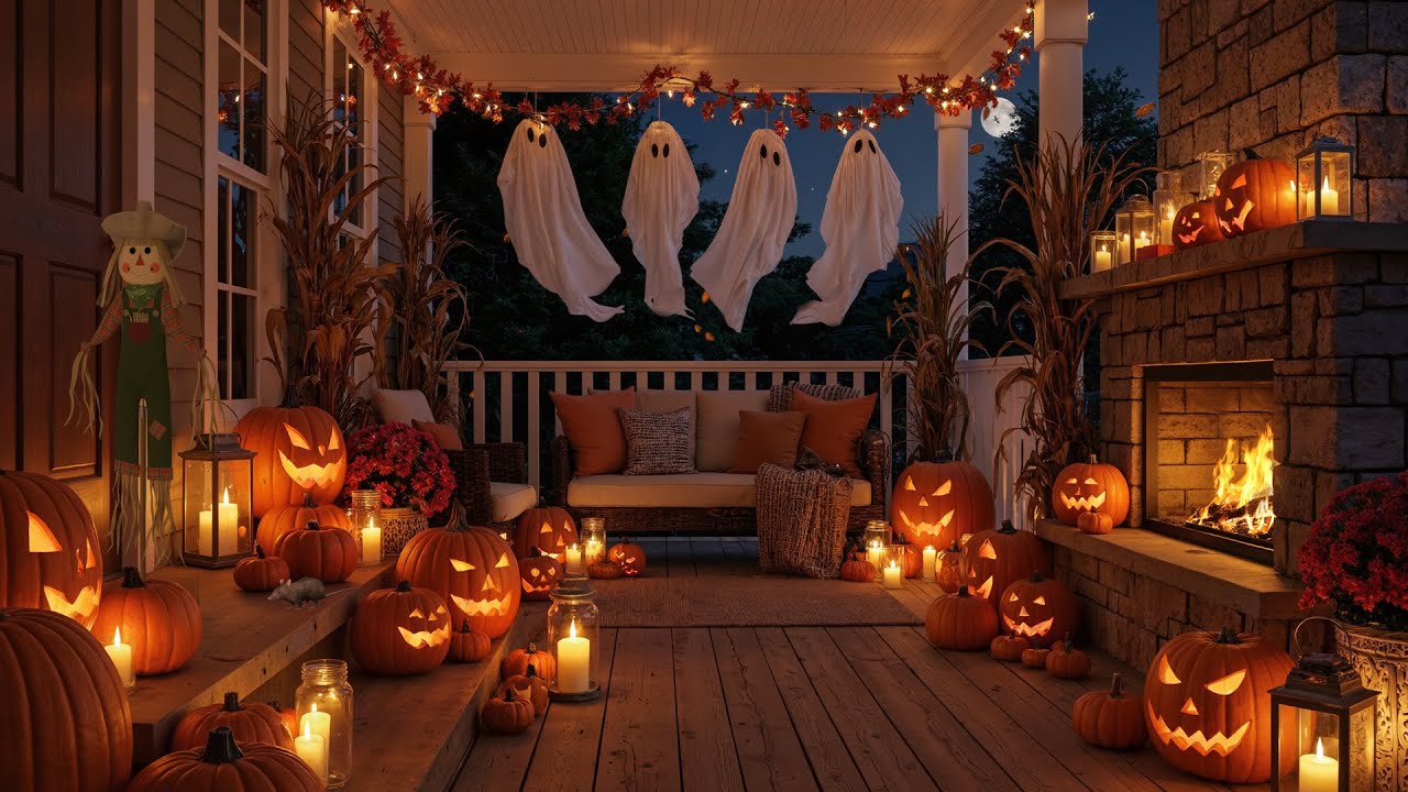 Cozy Haunted Halloween Patio Retreat - Fall Leaves-Jack O Lanterns-Spooky Ghosts-Crackling Fireplace