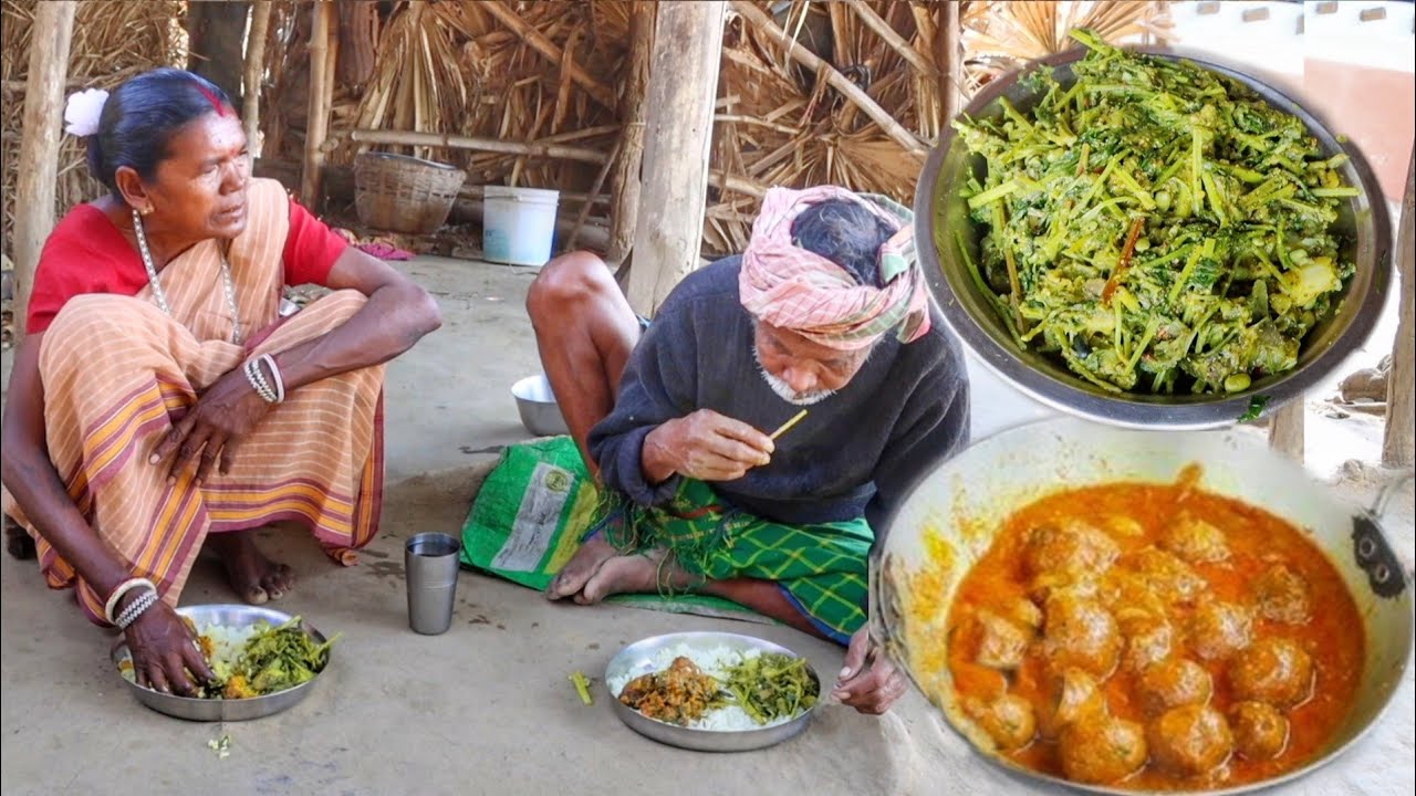 Soyabean kofta curry and Data shak recipe cooking & eating by santali tribe old couple