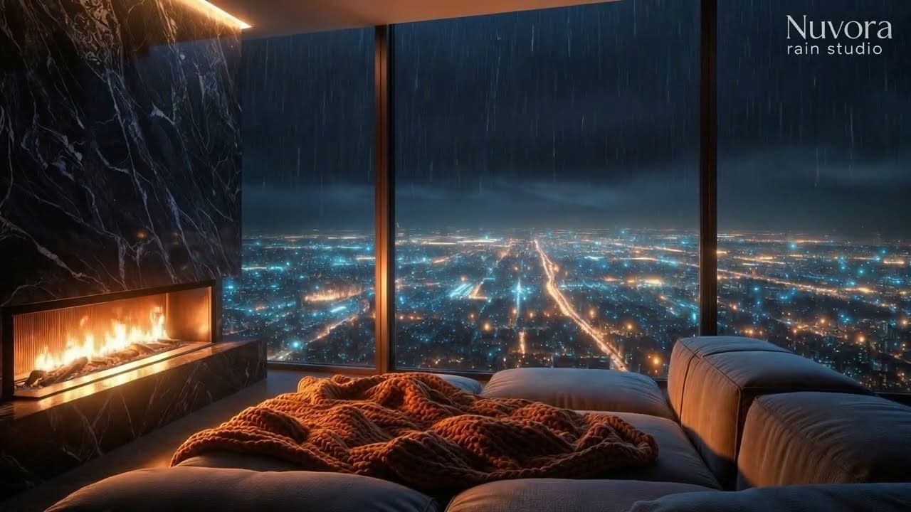 Heavy Rain Sounds for Deep Sleep | Cozy Luxury Bedroom Fireplace (3 Hours)