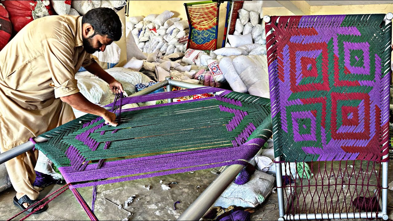 Handmade  Technique of Weaving a Cot || Beautifully Designed Nylon Rope Cot Weaving
