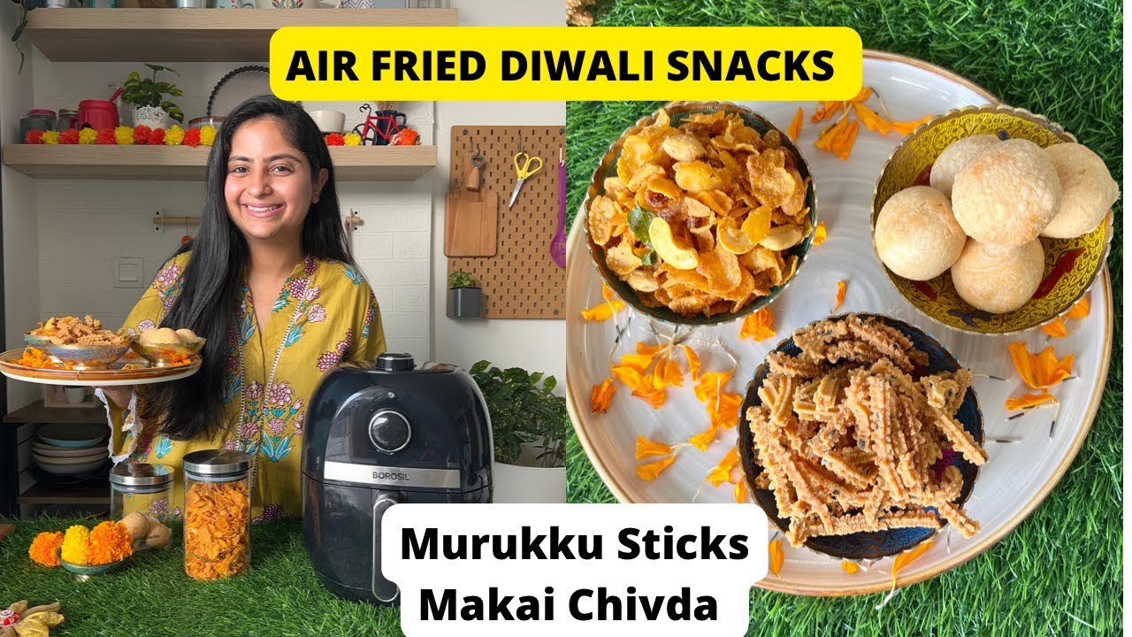 Air Fried Diwali Snacks - Healthy l Non Fried l Less Oil. Instant Rice Murukku + Makai Chivda