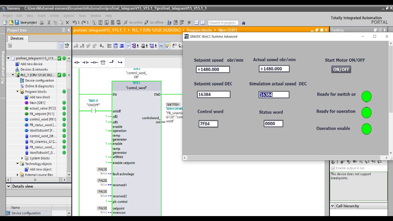 TIA Portal SINAMICS G120 control speed telegram 1