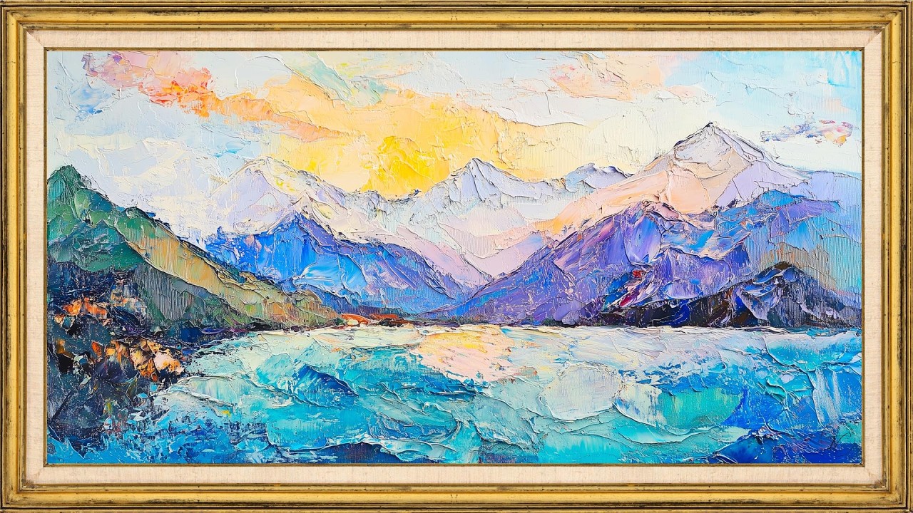Mountain Lake Sunrise | 2 Hour Relaxing Screensaver | Colorful Palette Knife Landscape Painting