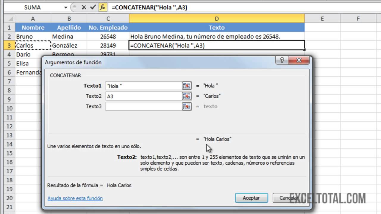 Función CONCATENAR en Excel