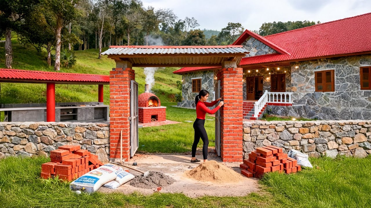 TIMELAPSE – Amazing DIY: Red Brick Gate Construction With Corrugated Iron Roof | Stone Cabin Project