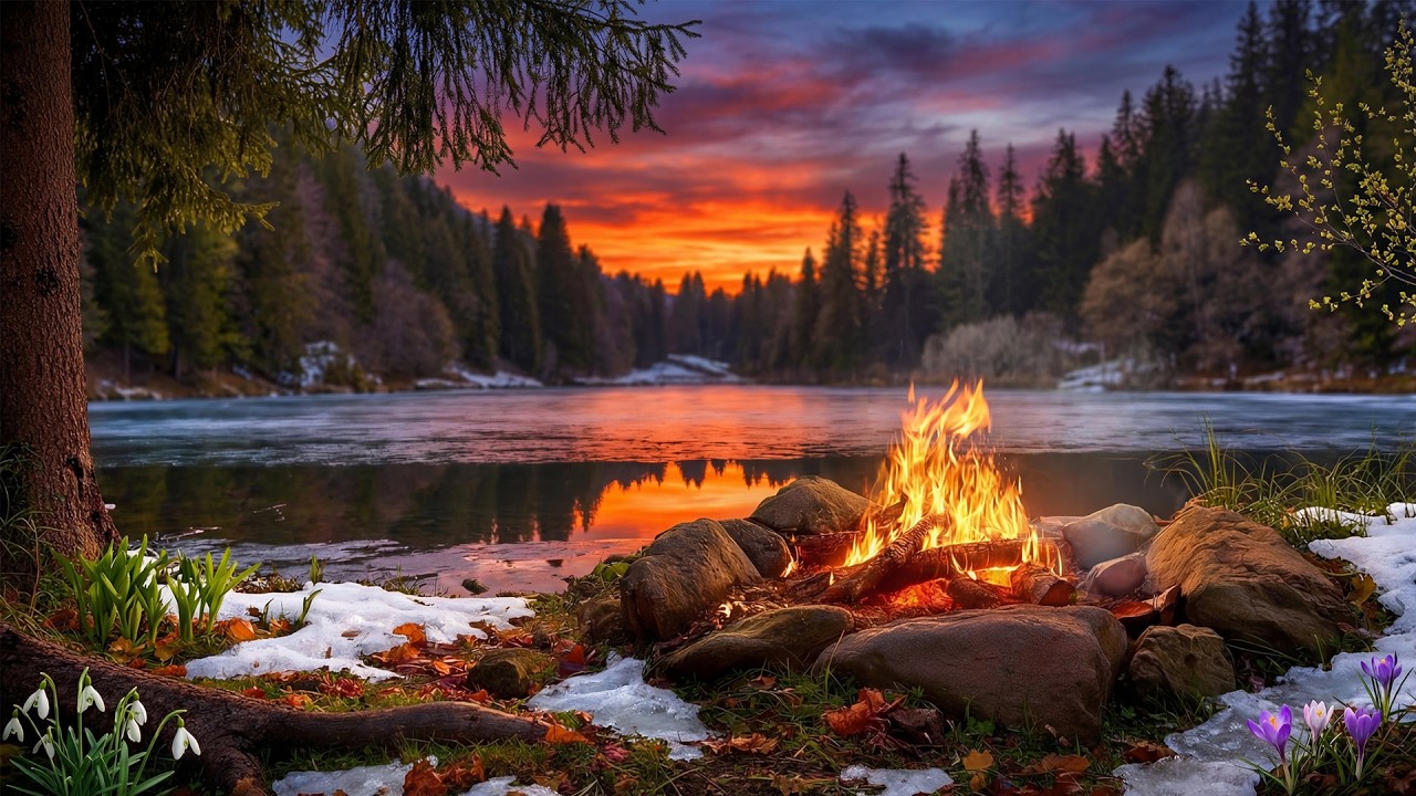 Early Spring Campfire at Sunset 🔥 River Ambience and Forest Sounds
