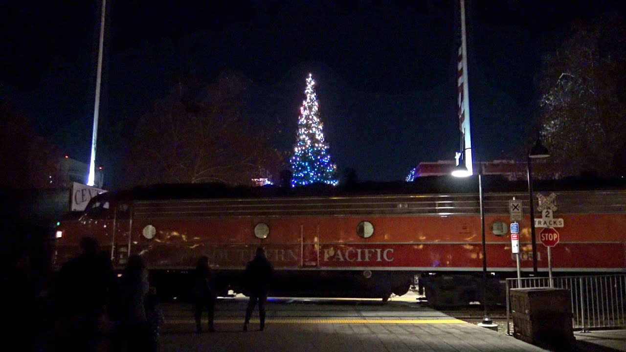 SSRR Polar Express Train Passes Old Sacramento Christmas Tree K Street Ped. Crossing, Sacramento CA