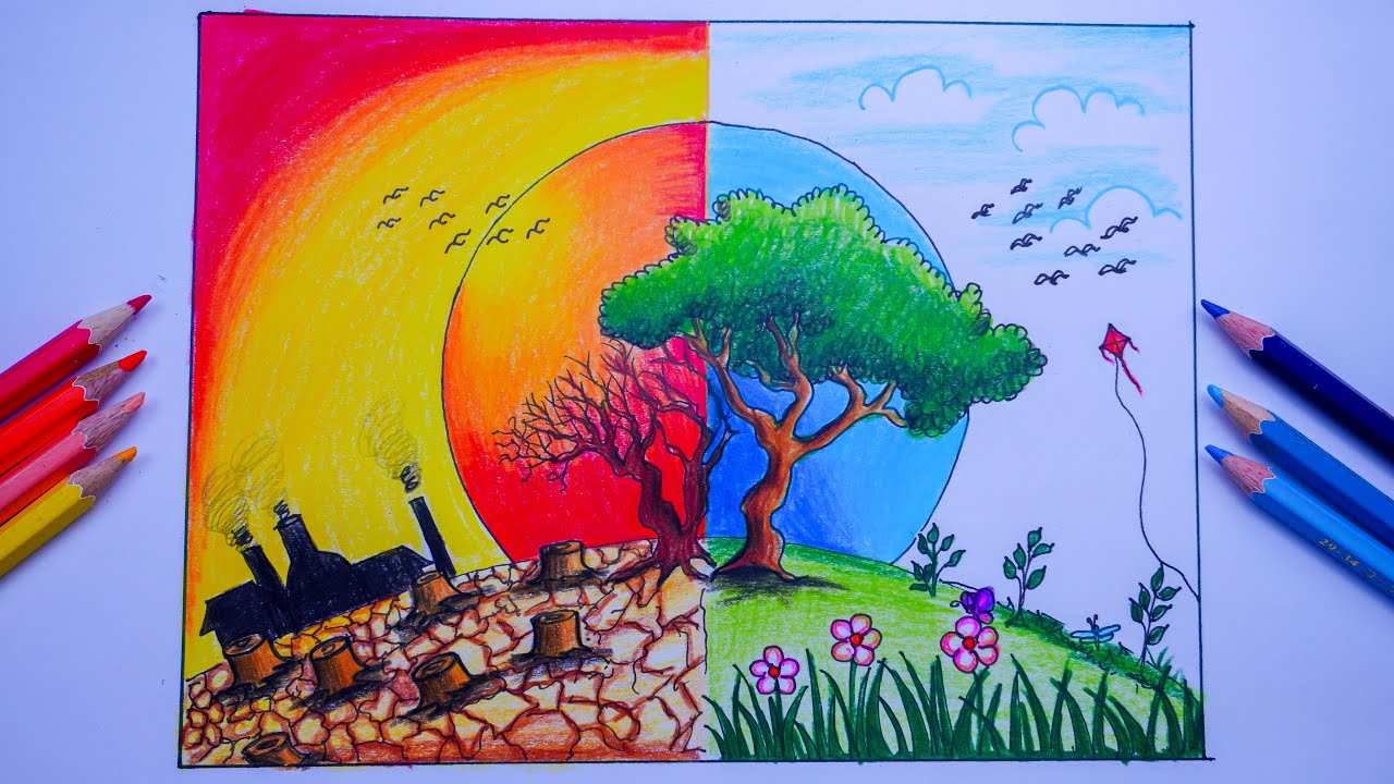 วาดภาพอนุรักษ์ป่า  How to draw save trees drawing
