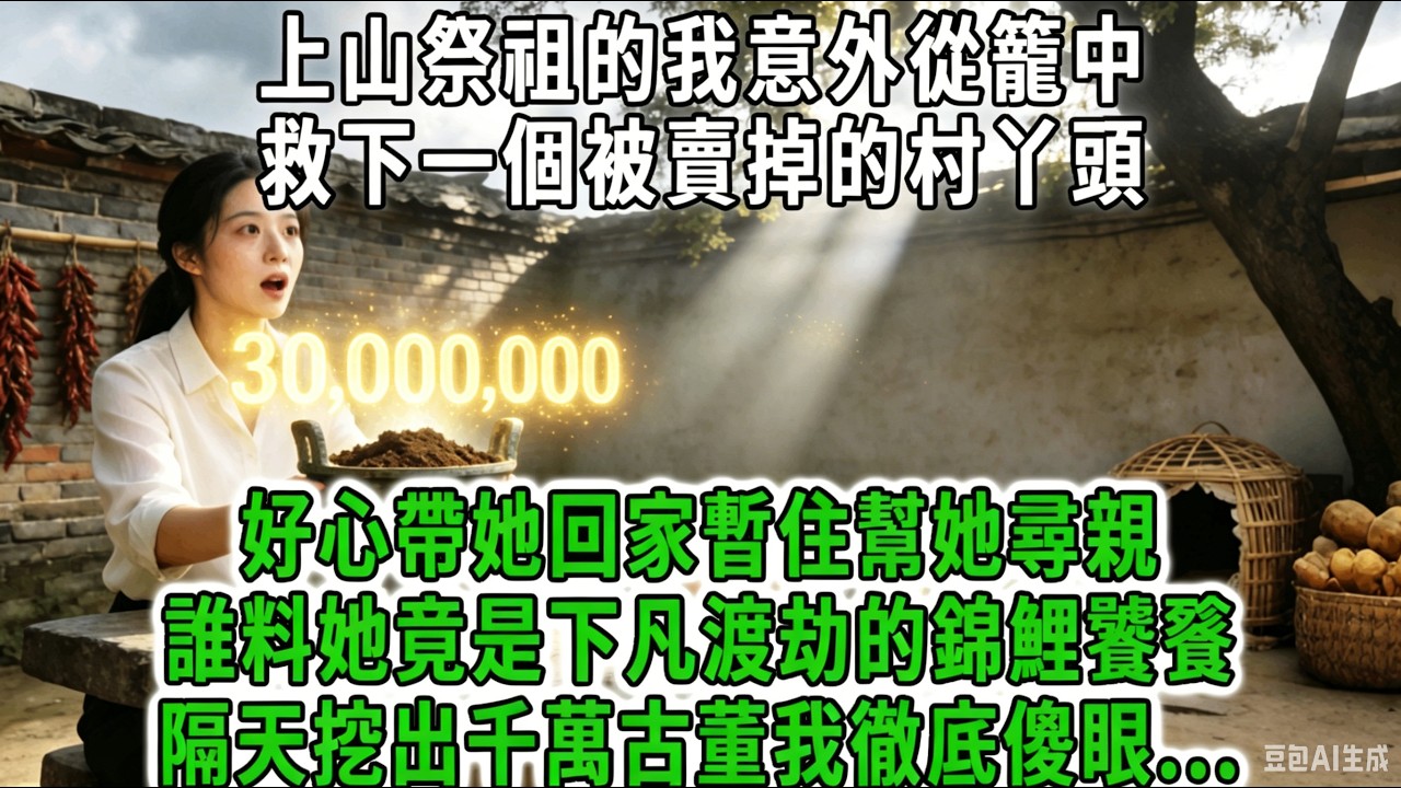上山祭祖的我意外從籠中，救下一個被賣掉的村丫頭，好心帶她回家暫住幫她尋親，誰料她竟是下凡渡劫的錦鯉饕餮，隨手一碰絕症兒子瞬間痊愈，隔天挖出千萬古董我徹底傻眼！#荷上清風 #爽文
