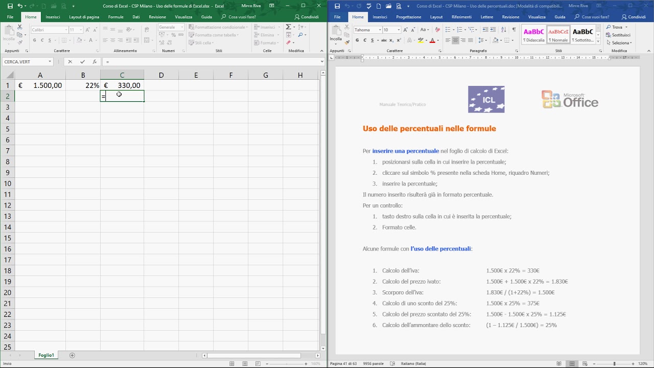 Formule sulle percentuali - Corso Excel CSP Milano