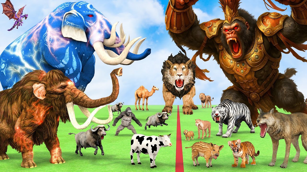 5 Giant Mammoth Elephant Cow Vs Monster King Kong Vs 5 Giant Lion Tiger Cub Saved By Woolly Mammoth