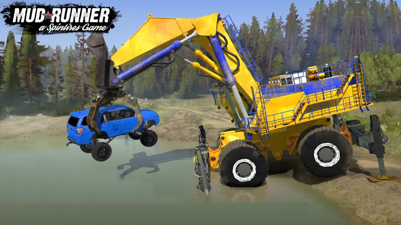Spintires MudRunner Monster Mining Excavator Lifts Toyota From The Lake