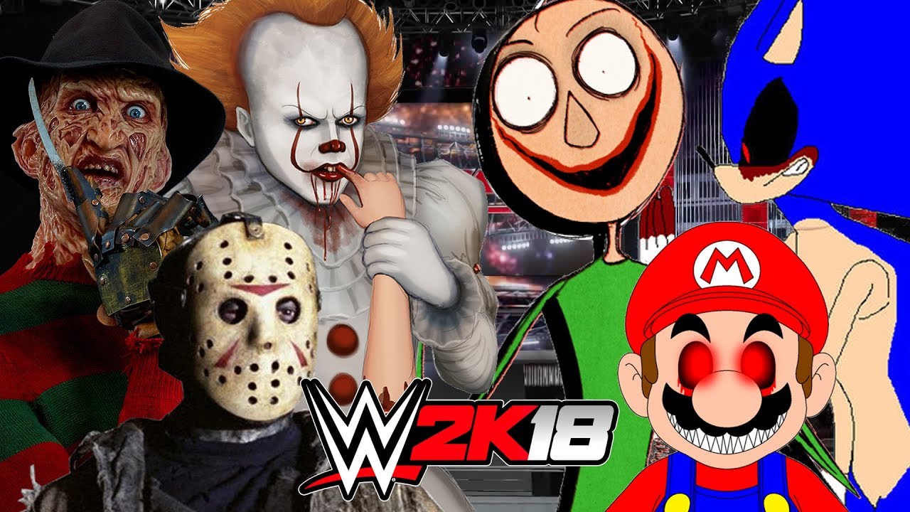 FREDDY KRUEGER, JASON VOORHEES, PENNYWISE vs MARIO.EXE, SONIC.EXE, BALDI | WWE 2K18 Gameplay
